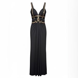 Elegant navy blue evening Gown with gold Accents